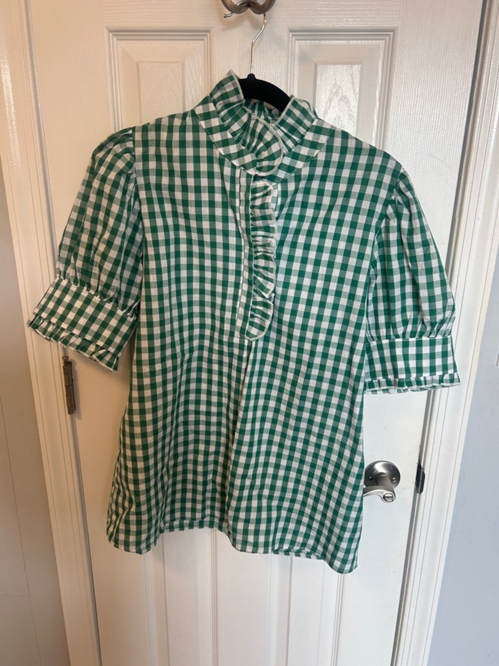Green Gingham Ruffle-Front Blouse